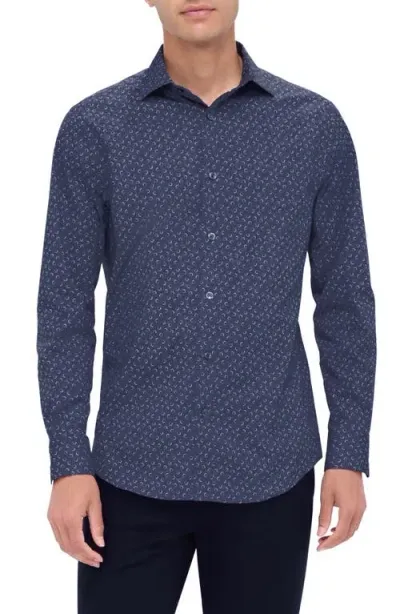 Bugatchi Axel Shaped Fit Trellis Print Stretch Cotton Button-up Shirt In Navy