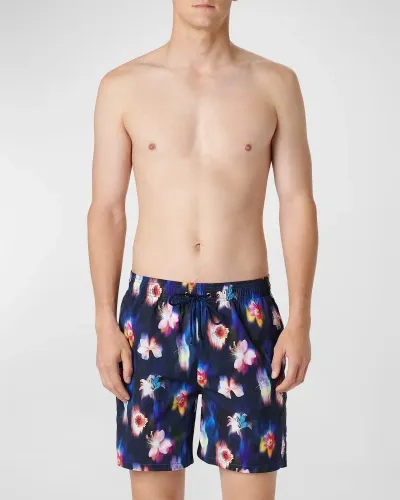 Bugatchi Men's Cosmo Neon Floral Swim Trunks In Night Blue