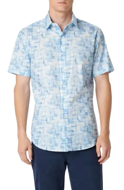 Bugatchi Orson Geometric Print Short Sleeve Stretch Button-up Shirt In Air Blue