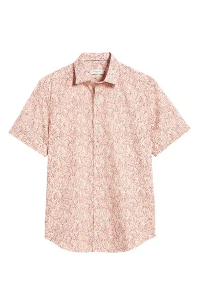 Bugatchi Orson Trim Fit Leaf Print Short Sleeve Stretch Button-up Shirt In Coral