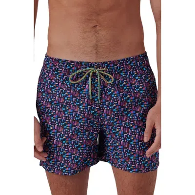 Bugatchi Print Archer Mid Length Swim Trunks In Orchid