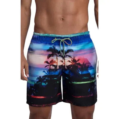 Bugatchi Rainbow Sunset Print Swim Trunks In Night Blue