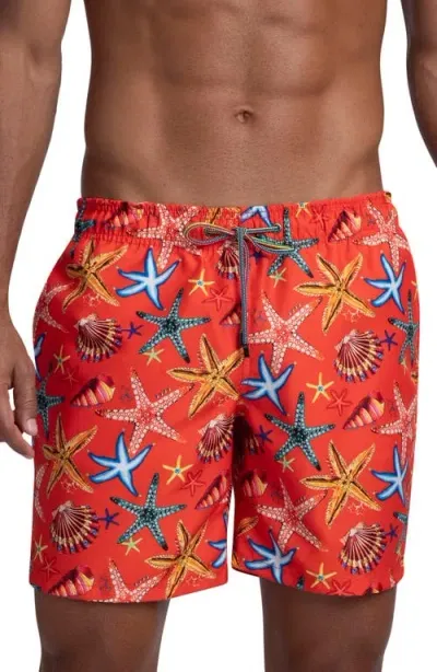 Bugatchi Starfish Shell Print Swim Trunks In Tangerine