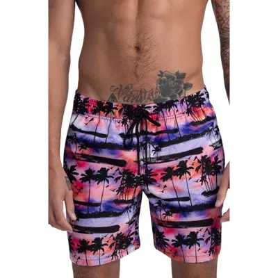 Bugatchi Tropical Sunset Print Swim Trunks In Orchid