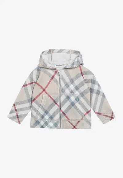 Burberry Check-pattern Zip-up Wool Hoodie In Gray