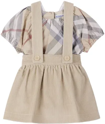 Burberry Baby Beige Check Bodysuit Set In Pale Stone