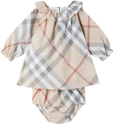 Burberry Baby Beige Check Dress & Bloomers Set In Pale Stone Ip Check