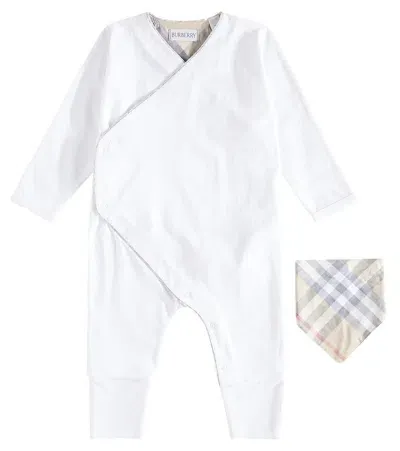 Burberry Baby Cotton Playsuit And Bib Set In White