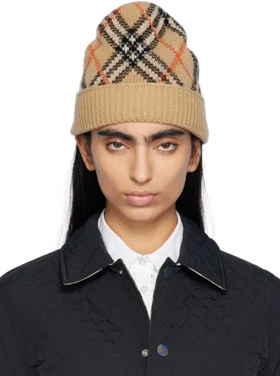 Burberry Beige Check Cashmere Beanie In Brown