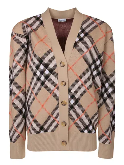 Burberry Beige Check Cashmere Cardigan In Brown