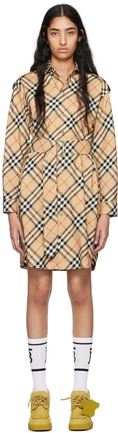 Burberry Beige Check Shirt Midi Dress In B9368 Sand Ip Check