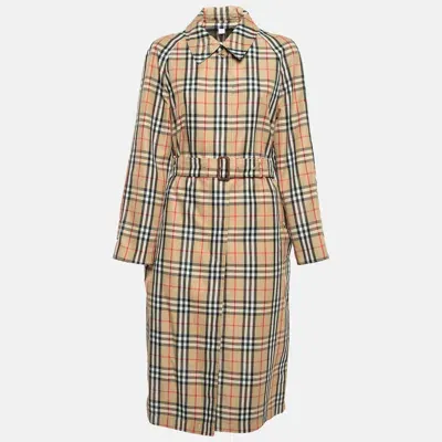 Pre-owned Burberry Beige Kempton Check Synthetic Trench Coat S In Brown