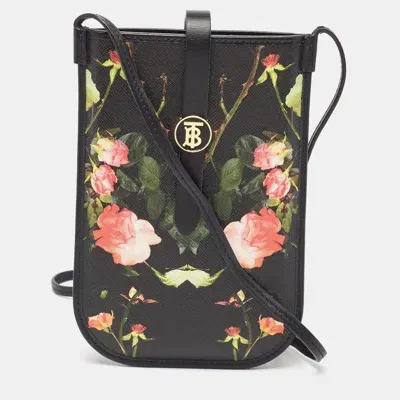 Pre-owned Burberry Black Floral Print Coated Canvas Anne Phone Pouch With Strap