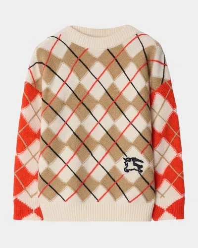 Burberry Kids' Boy's Kevin Ekd Argyle Wool Sweater In Orange Red Ip Pat