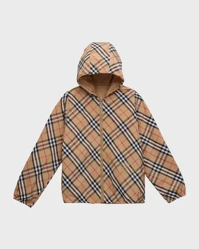 Burberry Kids' Boy's Rufus Check-print Reversible Jacket In Sand Check