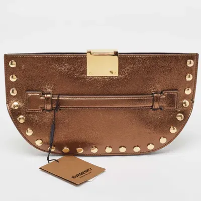 Pre-owned Burberry Bronze Leather Studded Olympia Clutch In Brown