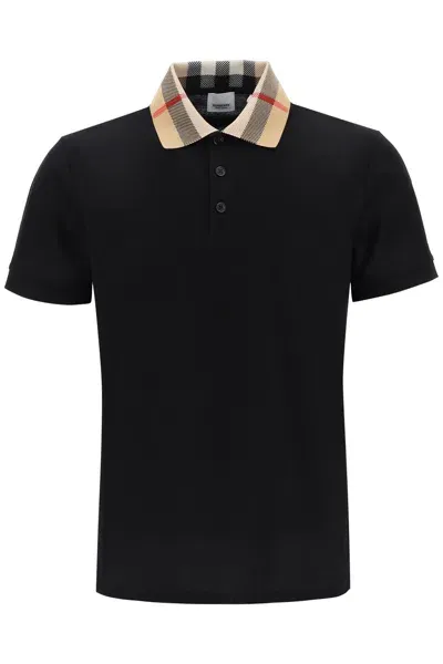 Burberry Check Collar Cotton Polo Shirt In Black