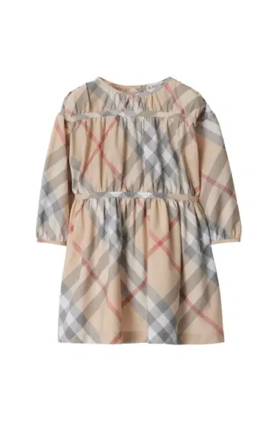 Burberry Babies' Check Pattern Long Sleeve Dress In Pale Stone