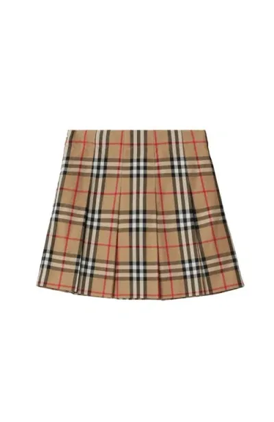 Burberry Kids' Check Print Pleated Cotton Skirt In Archive Beige