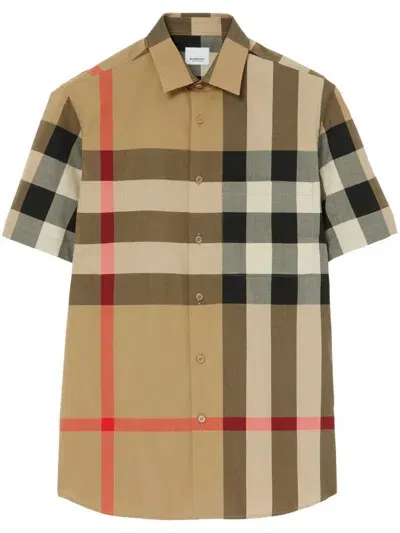 Burberry Check Cotton Shirt In Beige