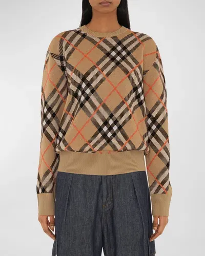 Burberry Check Long-sleeve Crewneck Sweater In Sand Ip Check