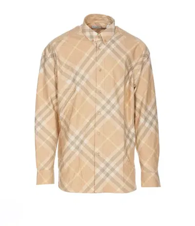 Burberry Check Motif Cotton Shirt In Beige