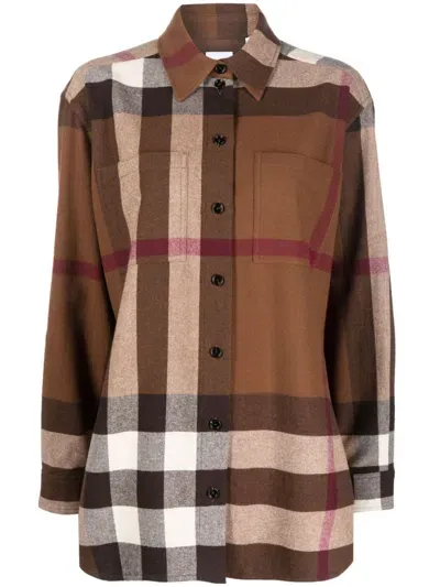 Burberry Check Motif Wool Shirt In Brown