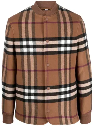 Burberry Check-pattern Wool Bomber Jacket In Braun