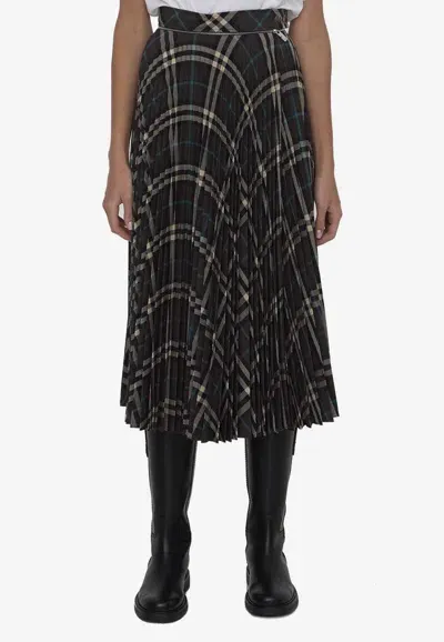 Burberry Check Pleated Midi Skirt In Green