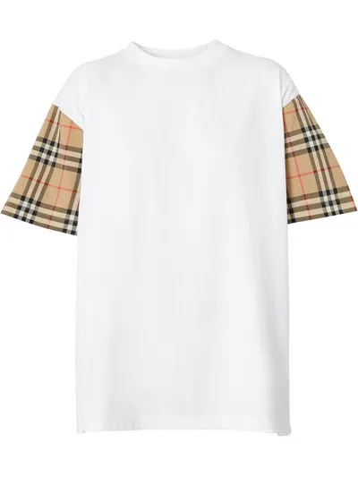 Burberry Check Sleeves Cotton T Shirt In White