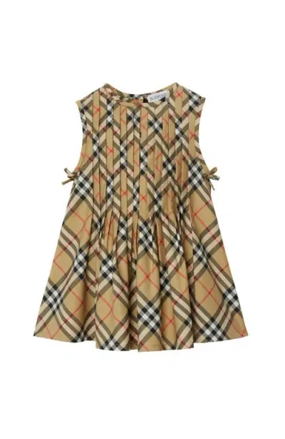 Burberry Babies'  Check Stretch Cotton Dress In Archive Beige