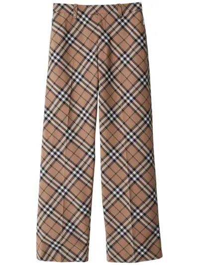 Burberry Check Wool Blend Trousers In Beige