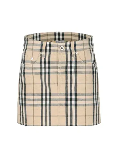 Burberry Checked Denim Mini Skirt In Beige