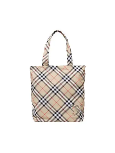 Burberry Checked Ekd Motif Tote Bag In Beige