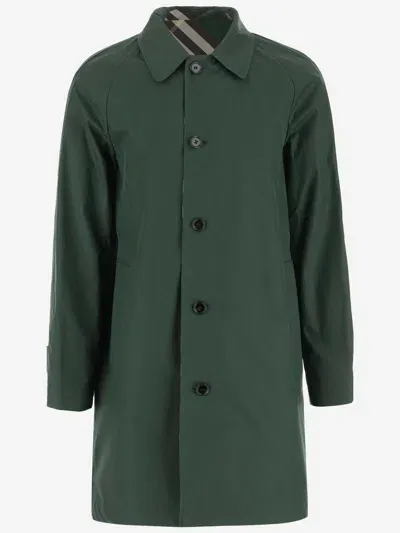 Burberry Cotton Gabardine Coat With Check Pattern In Green