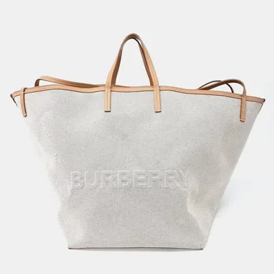 Pre-owned Burberry Cream/brown Canvas Xl Beach Canvas Tote Bag