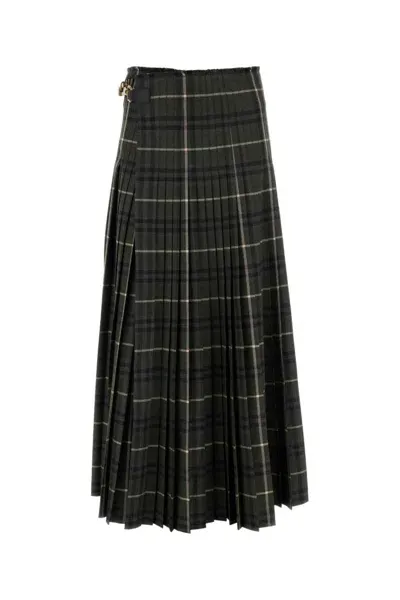 Burberry Pleated Checked Woven Maxi Wrap Skirt In Dark Green