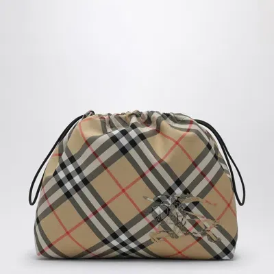 Burberry Drawstring Pouch With Beige Check Pattern In Brown