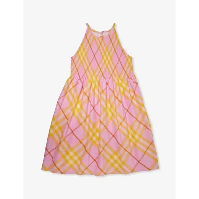 Burberry Girls Carnation Pnk Ip Chk Kids Elsie Check-print Cotton Dress 6-14 Years In Carnation Pink