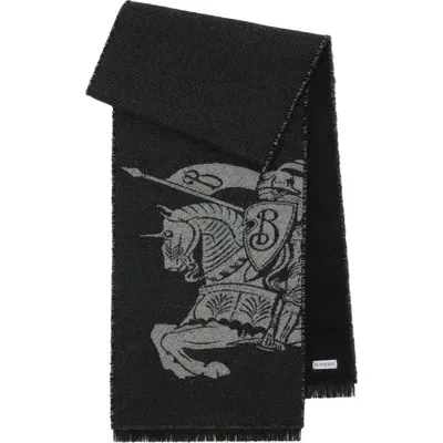 Burberry Equestrian Knight Jacquard Wool & Alpaca Blend Fringe Scarf In Black