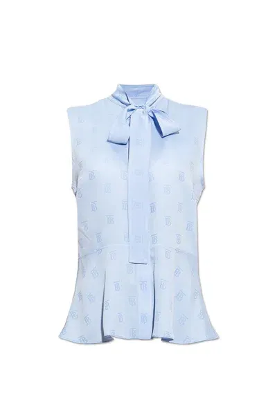 Burberry Logo Jacquard Satin Sleeveless Shirt In Blu