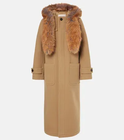 Burberry Faux Fur-trimmed Wool Coat In Camel