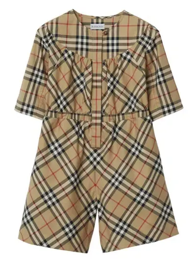 Burberry Kids' Vintage Check Cotton Jumpsuit In Brown