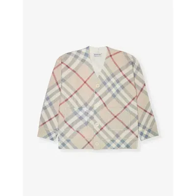 Burberry Girls Pale Stone Ip Check Kids Ashmore Long-sleeve Checked Wool And Cashmere-blend Cardigan