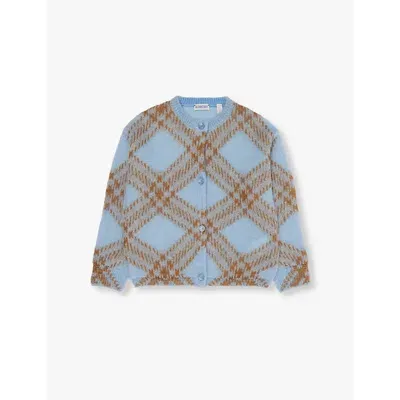 Burberry Girls Slate Blue Ip Check Kids Bethane Intarsia-check Mohair-blend Cardigan 4-14 Years 14