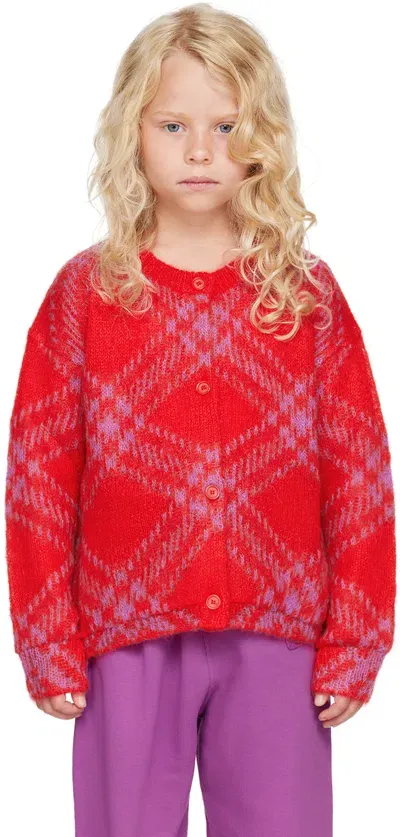 Burberry Kids Red Check Cardigan In Warm Coral Red