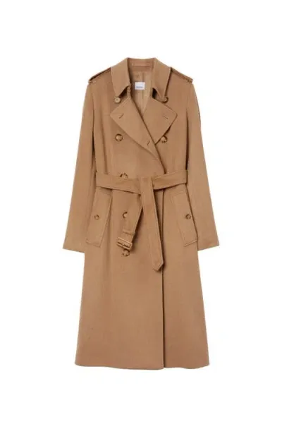 Burberry Long Cashmere Blend Kensington Trench Coat In Camel Melange