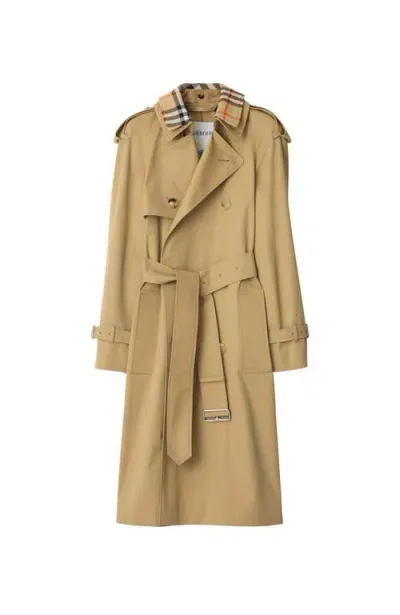 Burberry Long Detachable Collar Gabardine Trench Coat In Flax