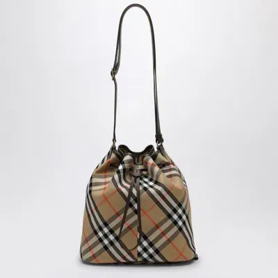 Burberry Sand Check Medium Drawstring Cotton Bucket Bag In Beige