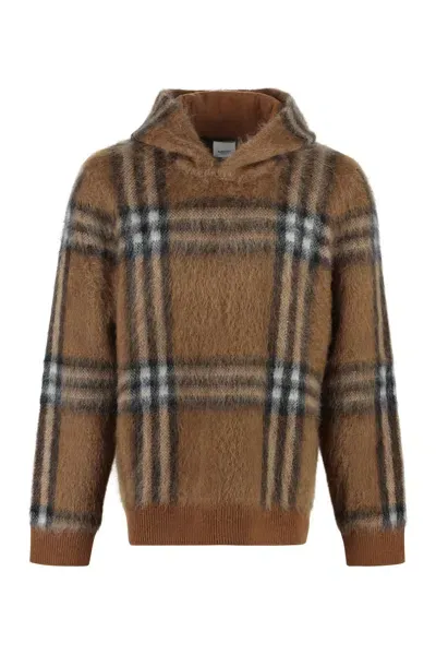 Burberry Exaggerated Check Wool Mohair Blend Hoodie In Dark Birch Brown